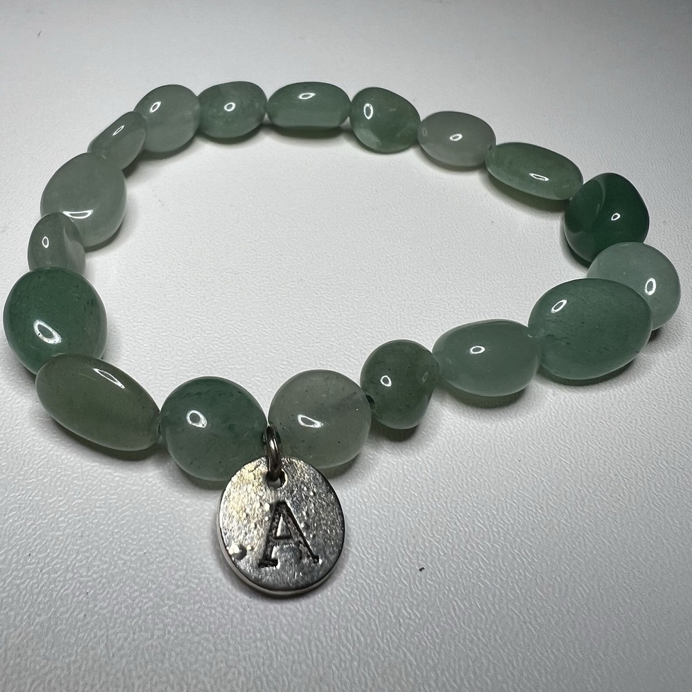Green Aventurine Tumbled Crystal Beaded Bracelet‎ Initial A Elastic Stretch